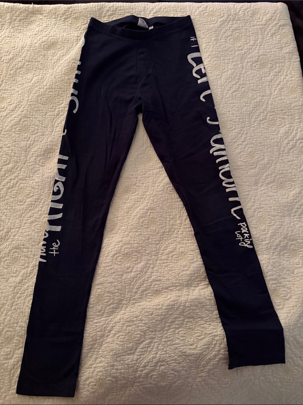 Zara Kids Navy Blue Leggings with White, Glittery Side Script